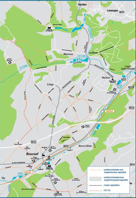 Carte détaillée de Bousval reprenant les routes, chemins, sentiers et éléments du patrimoine